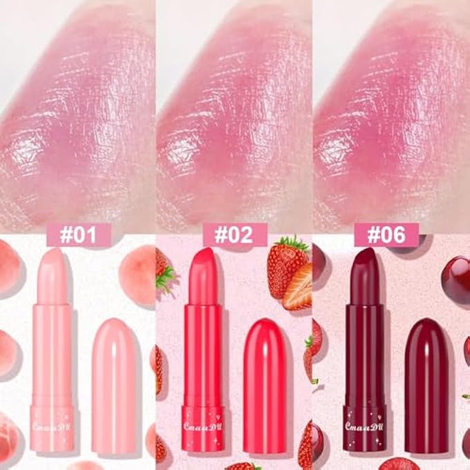 CmaaDu 3 PCS COLOR CHANGING TINTED LIP BALM, PEACH, STRAWBERRY, CHERRY, MOISTURIZING, ESSENCE LIP GLOSS, LONG LASTING COLOR CHANGE, LIGHT PINK LIPSTICK LIP TINT GLOSS FOR WOMEN - Image 3